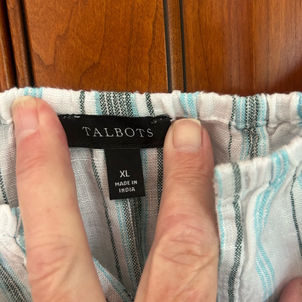 Talbots Linen Blue, Black  and White Relaxed Pop over Blouse - Picture 3 of 5